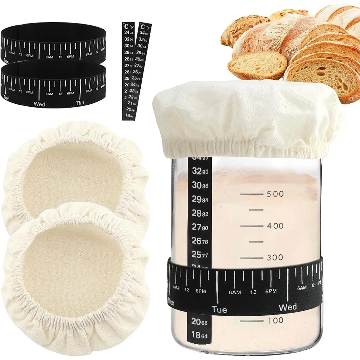 9 count Sourdough Starter Kit,3 Bread Fermentation Cover 3 Thermometer 3 Feeding Date Band,Sourdough Starter Jars Cloth Covers,Breathable  Sourdough Bread Proofing Cover