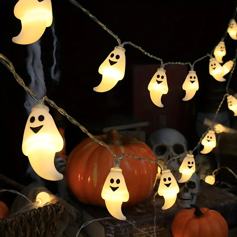 Halloween Ghost Lights, LED string lights featuring cute ghosts with playful grins, ideal for spooky-themed decor and Halloween party decorations [batteries not included]