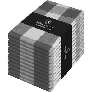 Gray Checked Dish Towels 12 Pack, 100% Cotton, 16x26 Inches, Absorbent, Quick Drying, Soft, Lint-Free, Tea & Bar Towels with Loop, Grey and White