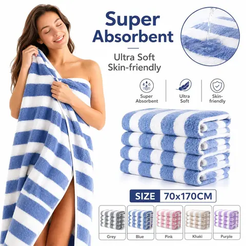 Oversized Double-Sided Microfiber Bath Towel Set - Plush Coral Fleece, Quick-Drying, Super Absorbent, Breathable Stripes, Unisex, Anti-Bacterial, 2/4 Pre-Packed Packs, Cold Wash Safe, Hotel-Ready, Shower/Daily Use, Luxury Gift Idea, Pink Set Option, Plush