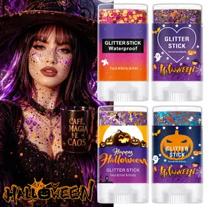 Halloween Glitter Stick Waterproof Shimmer Sequins Gel, Pumpkin Ghost Spider Design Portable Twist-up Cosmetic Glitter Multi-use Shimmer Glitter for Face Hair Body Witch Costume Party Halloween Cosplay Festival Party Makeup