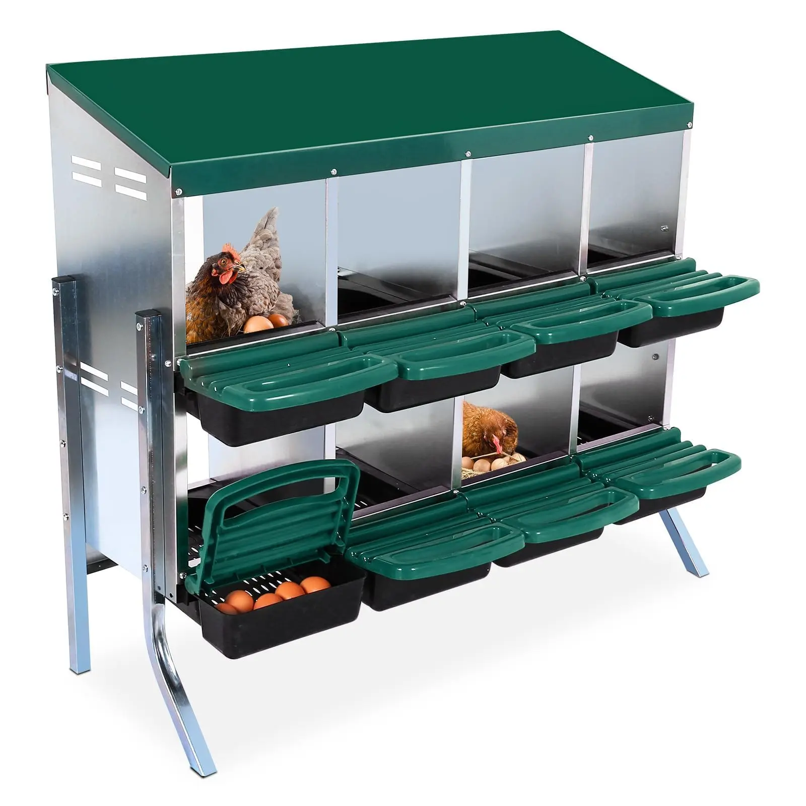 GARVEE 8-Hole Chicken Nesting Box with Legs and Lid Cover, Metal Chicken Laying Boxes Easy to Assemble, Roll-Away Egg Design Nesting Boxes for Outdoor Chicken Coop & Farm Yard, Green