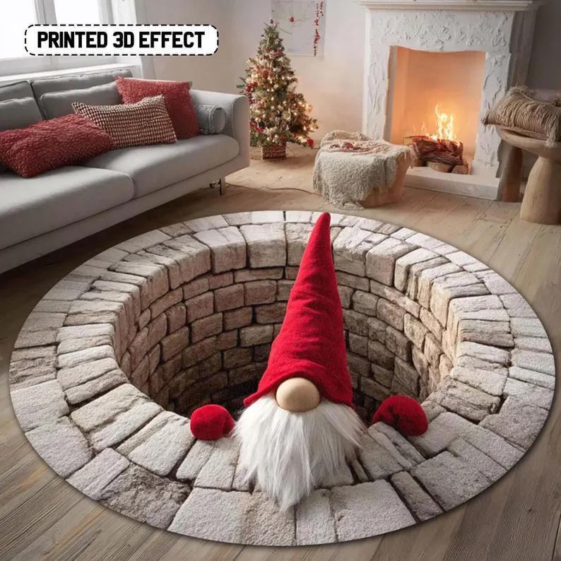 Christmas Gnome Round Rug 3D Gift Illusion Mat Holiday Winter Carpet Festive Santa Gnome Floor Rug Xmas Home Decor Round Rug
