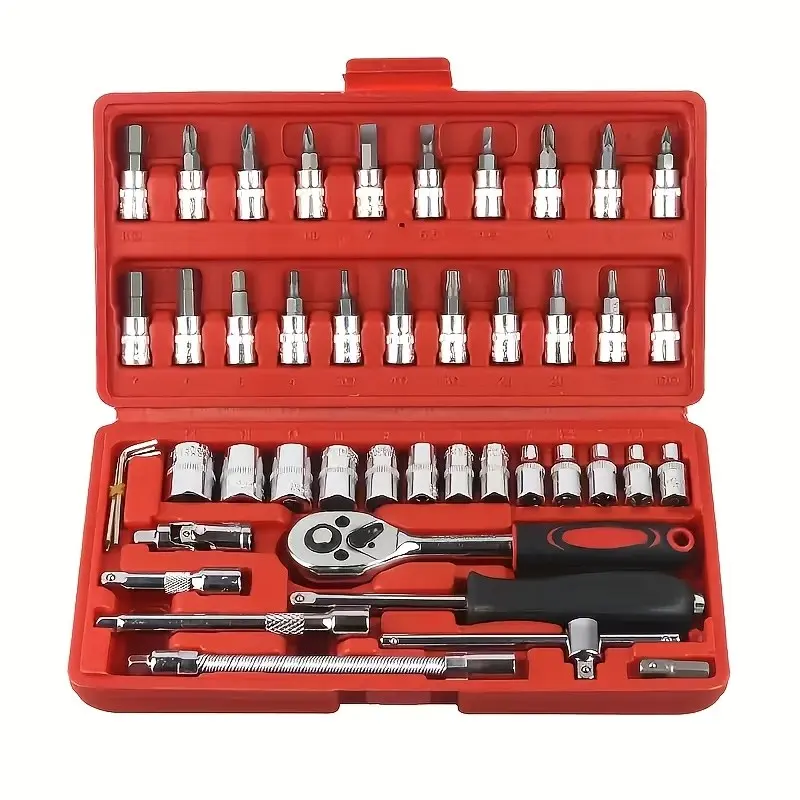 46 Pieces 1/4" Ratchet Socket Tool Set, Torx Hex Screwdriver Bits, Extension Rods, Portable Storage Box for Car Motorcycle Repair