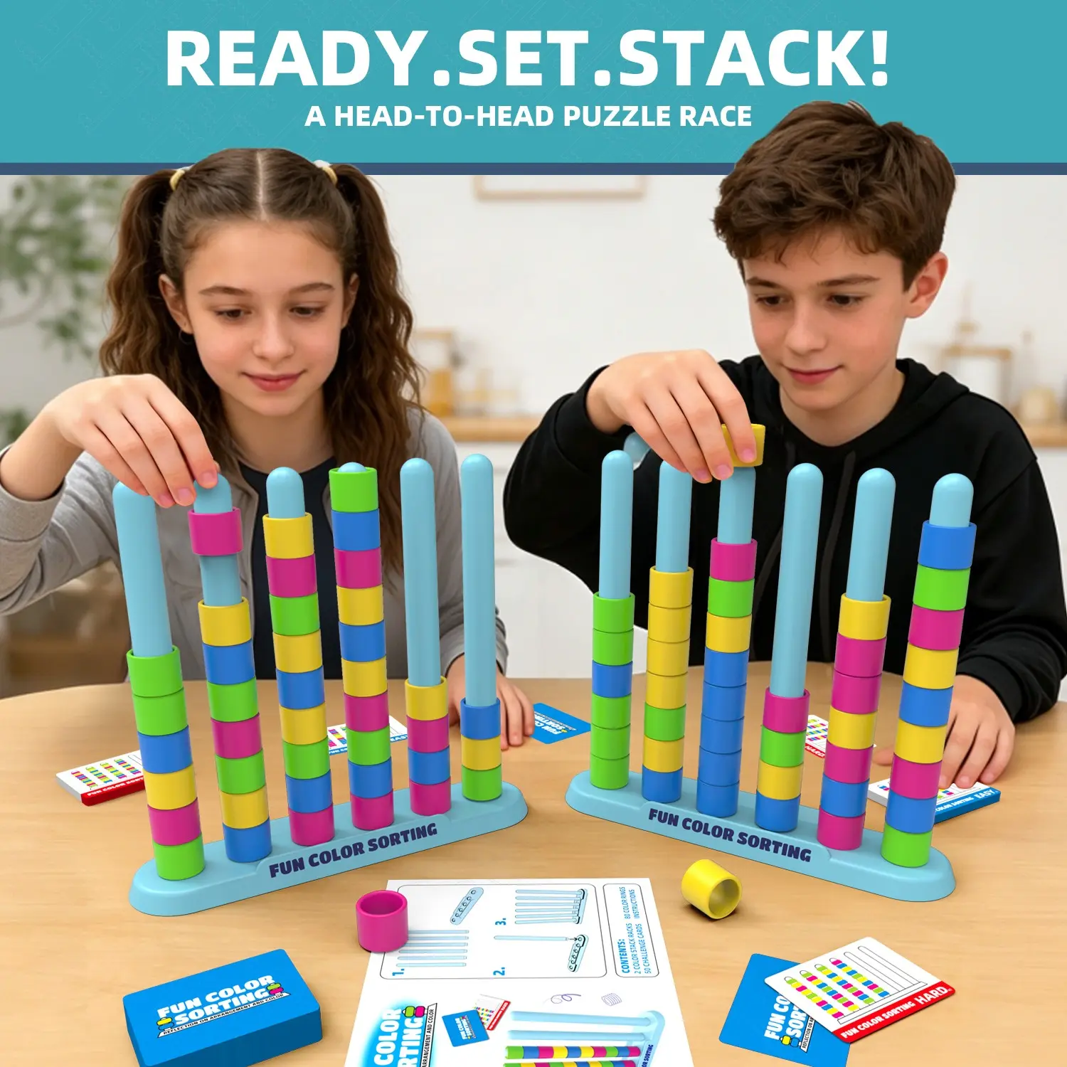 Color Sorting Game with Rings and Challenge Cards, Educational Stacking Puzzle Toy, Montessori Stem Learning Toys for Kids Toddlers Boys Girls, Tower Stack Game, Family Fun Game