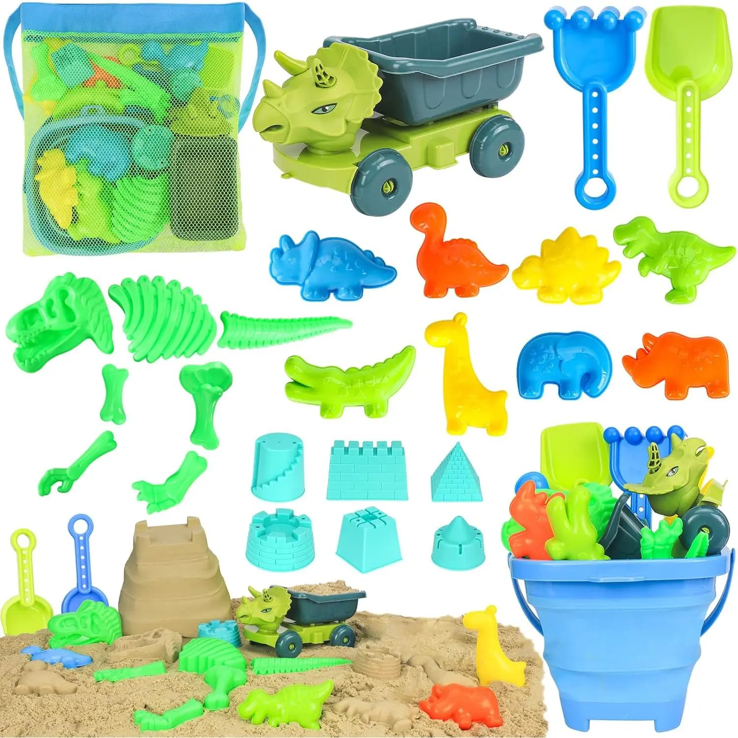Beach Toys, Dinosaur Sand Toys with Dump Truck and Collapsible Beach Bucket, Shovel and Rake, Mesh Bag, Animal Dinosaur Sand Molds, Sand Castle Toy, Sandbox Toys for Toddlers Kids Boysfidget toys