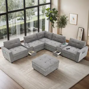 Aobtkel 104'' L-Shaped Chenille Sofa Set with Movable Ottoman, Tufted Design, Storage Consoles, USB Charger, Acrylic Table Top for Living Room WL, 104*104*31.5 Inches