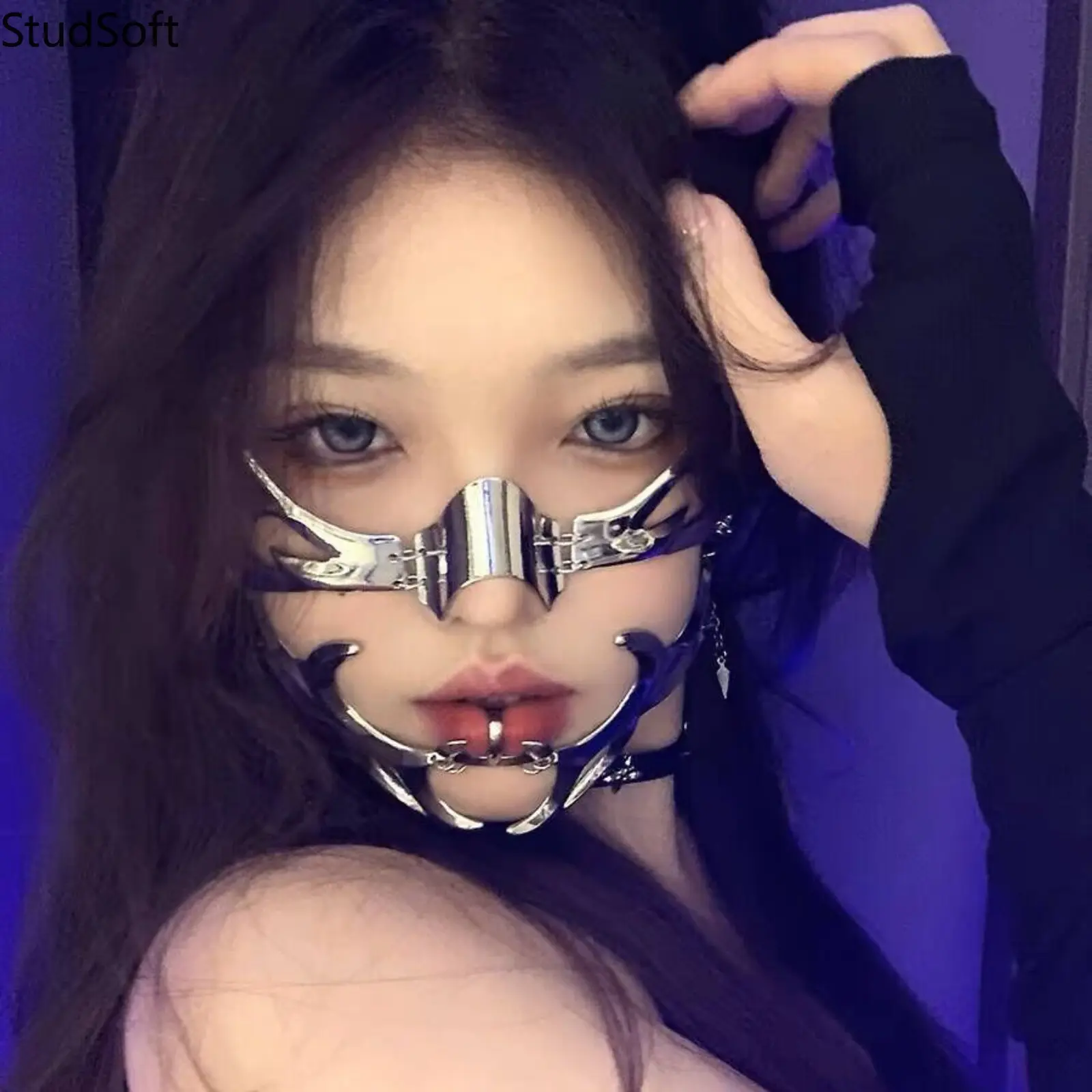 Liquid Metal Face Mask Cyberpunk Cyber Goth Mouth Armor Silver Mechanical Nose Ring Hoop Novelty Jewelry for Halloween Cosplay Party Festival