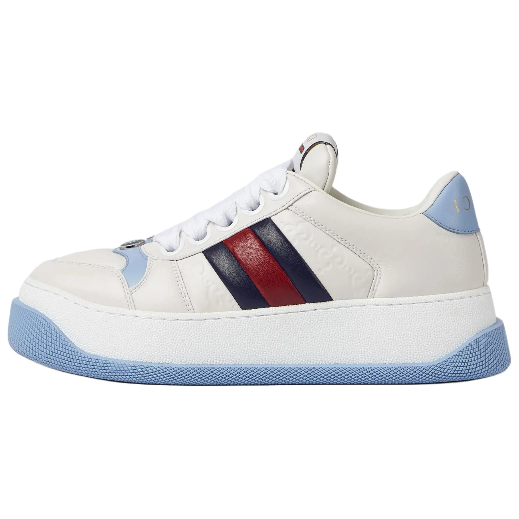 Women's Gucci Screener Casual Distressed Leather Platform Footwear - 4.2cm Heel, White & Blue Trending Shoes, House White Official Style, Maison Mihara Verifiable with Credentials & Global Authentication