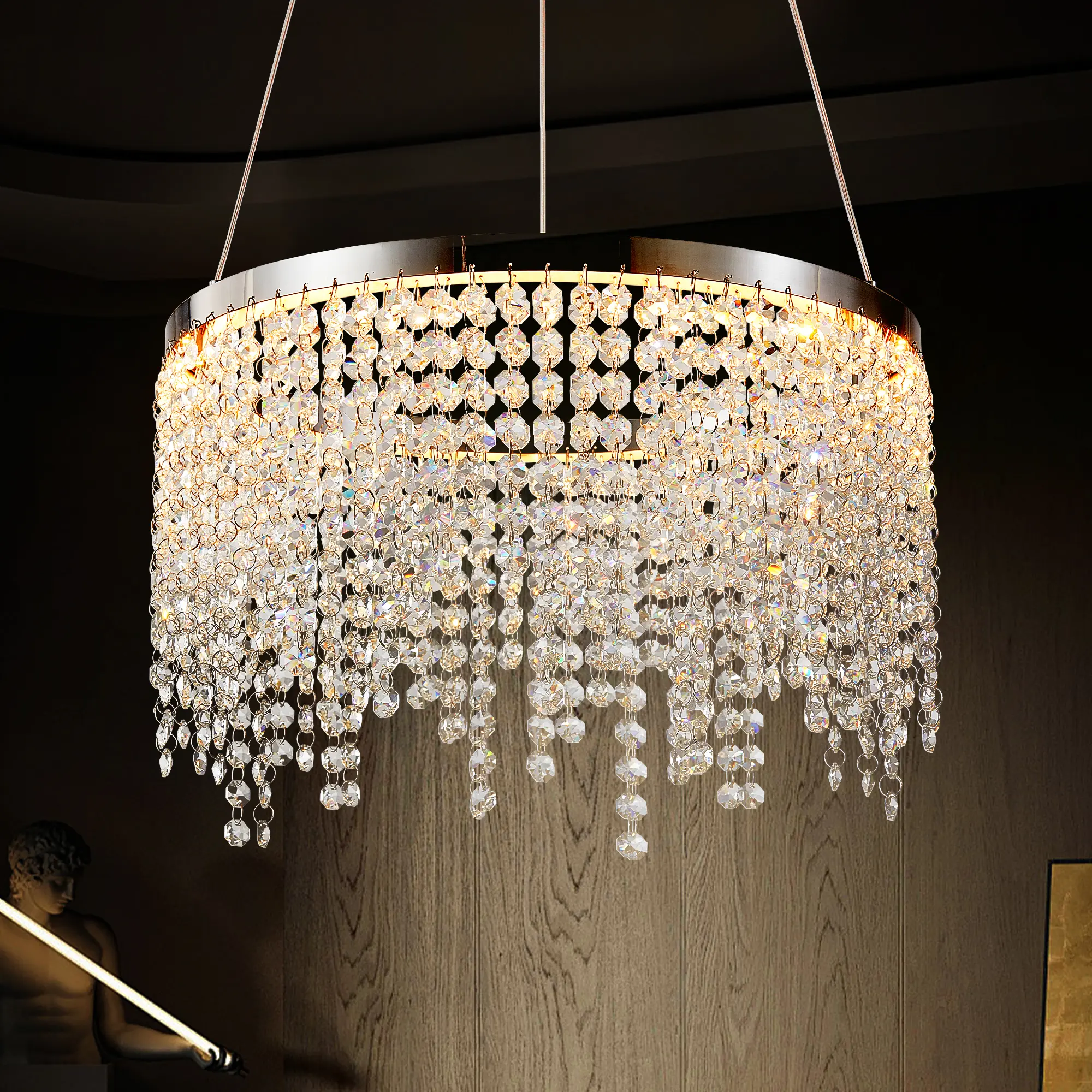 Nokaa 16-Inch Luxury Crystal LED Chandelier Modern Chrome Pendant Light Adjustable Height 3000K-6000K Color Temperature for Living Room Dining Room Bedroom, Chrome/Transparent Color Options, Crystal/Stainless Steel Material