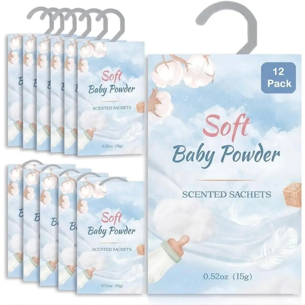 12 Packs BabyPowder Closet Air Freshener Sachets|Retractable Hook |  Closet Deodorizer for Wardrobe, Storage, Shoes & Lockers| Closet Freshener| Long Lasting