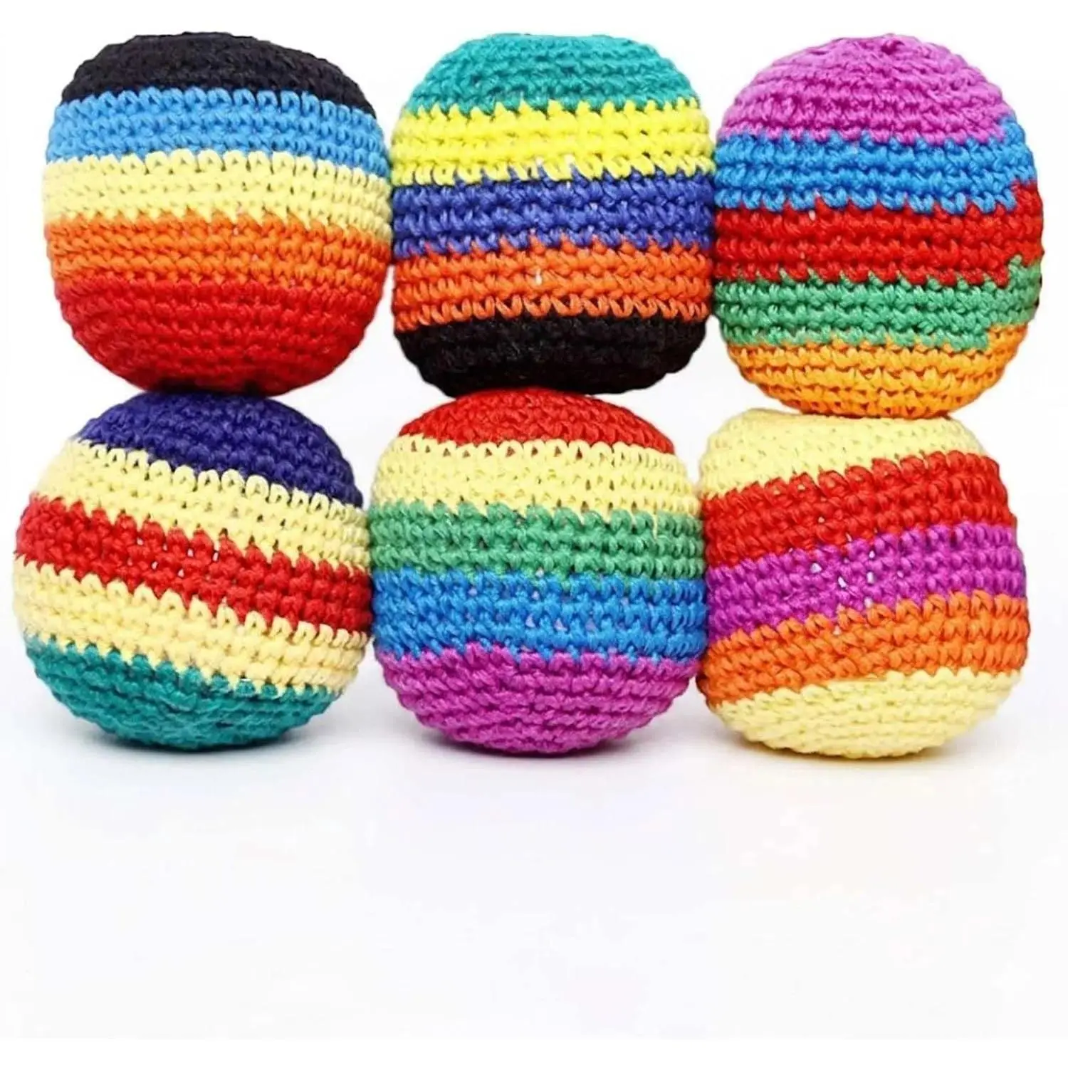 Hacky Sacks 6-Pack, Handmade Cotton Footbags, Durable Yarn Funky Peppy Vibrant Fashion Accessory Sets for Beginners, Thoughtful Gift Option