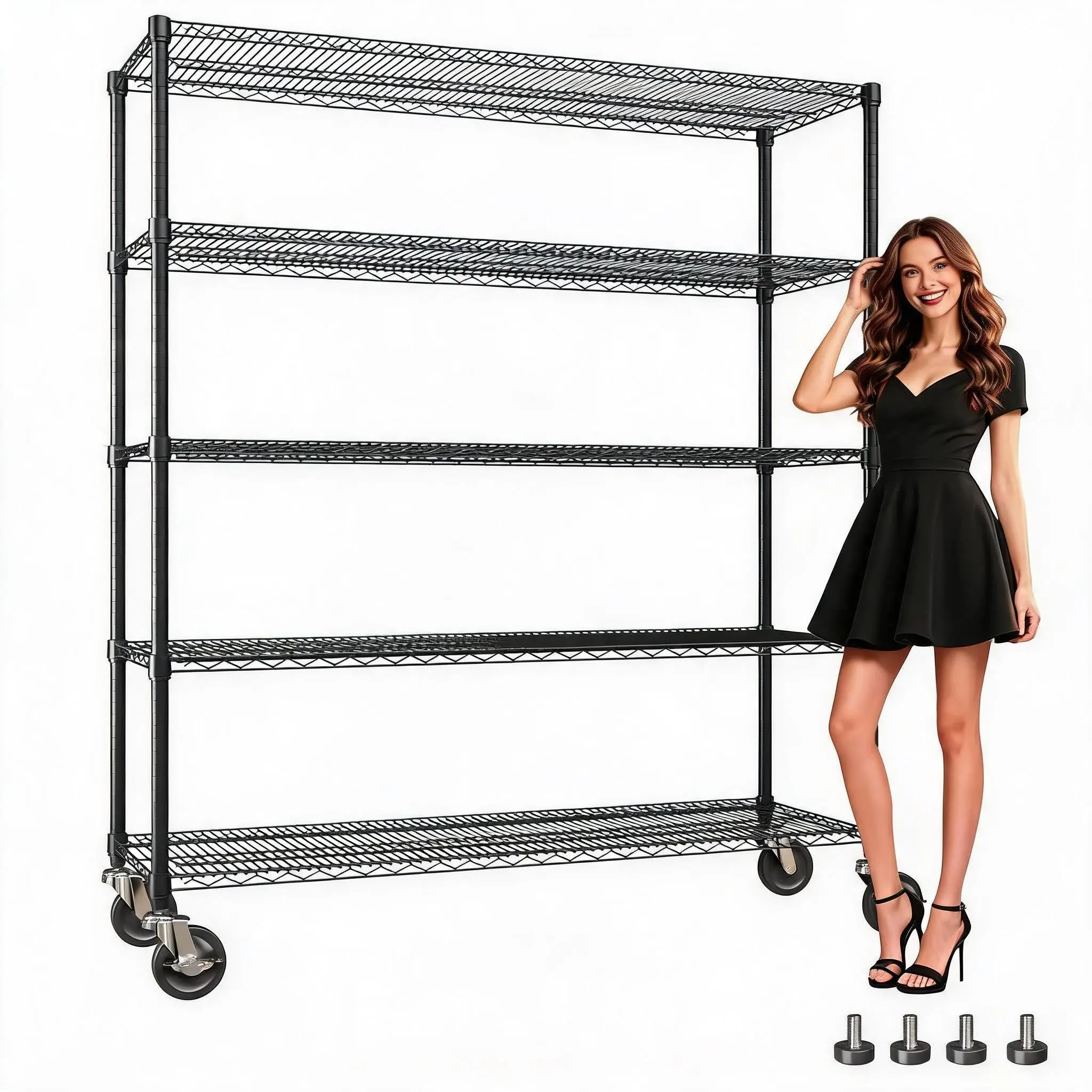 Heavy Duty 4/5 Tier Industrial Shelving Unit, Movable Garage Storage Rack with Wheels, Adjustable Utility Shelf for Warehouse, Workshop, Basement Organization