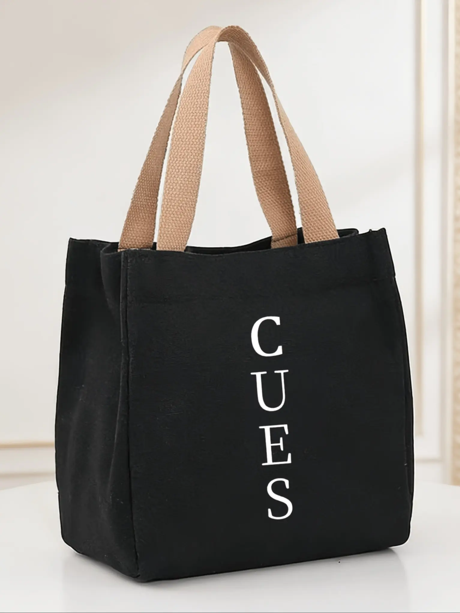 Elegant Canvas Tote Bag for Women, Vertical Cues Letter Print, Lightweight Retro Commuter Bag, Office Daily Use