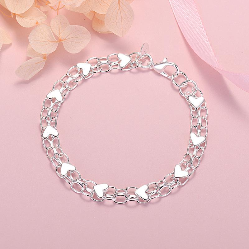 925 Sterling Silver Heart Bracelet Women Wedding Party Birthday Fashion Jewelry Elegant Durable Stylish Accessory Daily Wear Gift