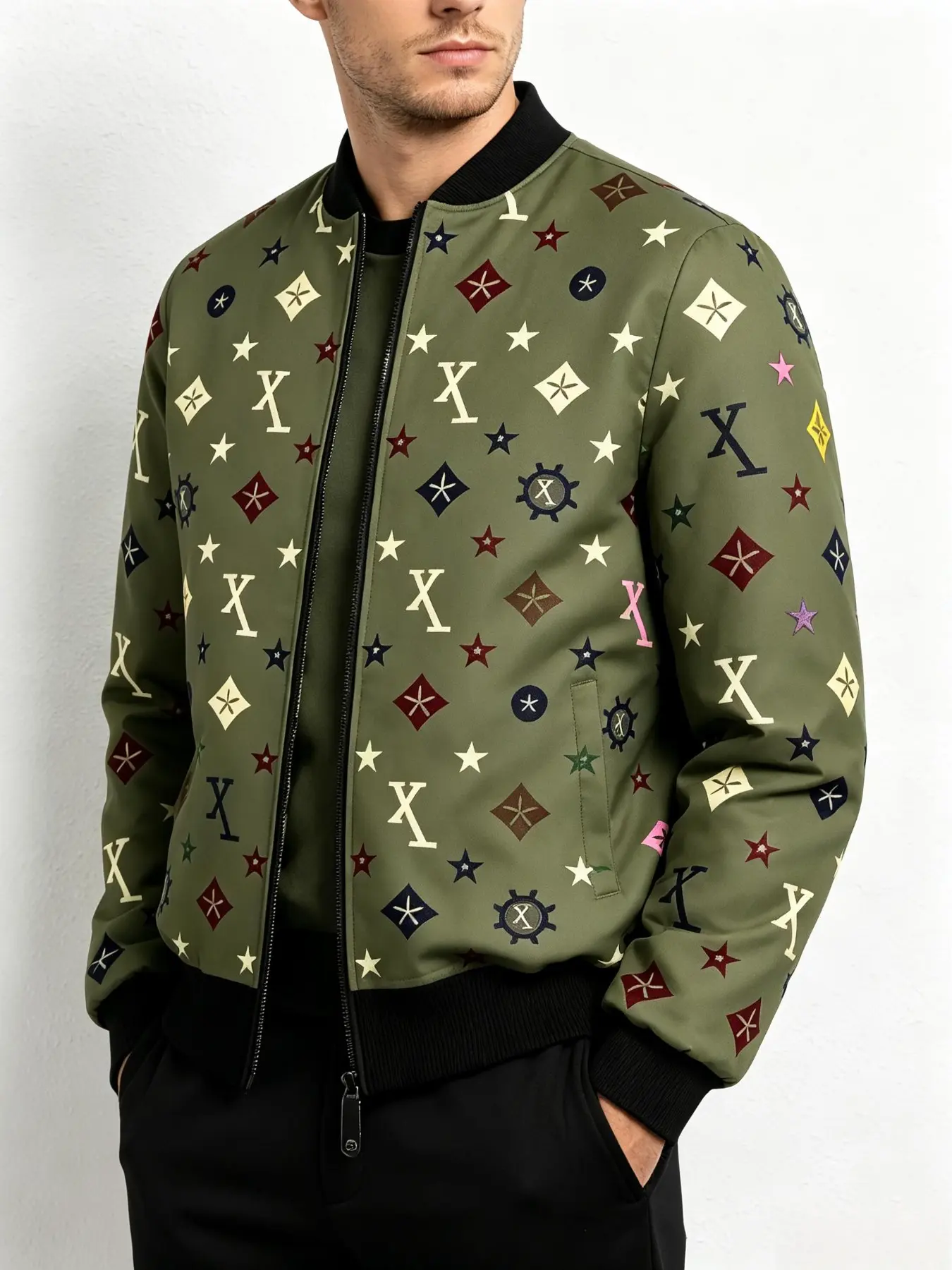 Men's Geometric Star Diamond Print Baseball Jacket, Full Zip Baseball Coat, Casual Sporty Outerwear for Daily Wear, Outdoor Activities