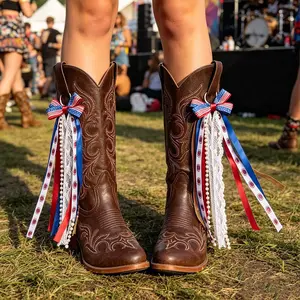 2 Independence Day boot charms, red, white, and blue bow shoe decorations, patriotic star-shaped tassel ribbon ornaments, suitable for cowboy boots