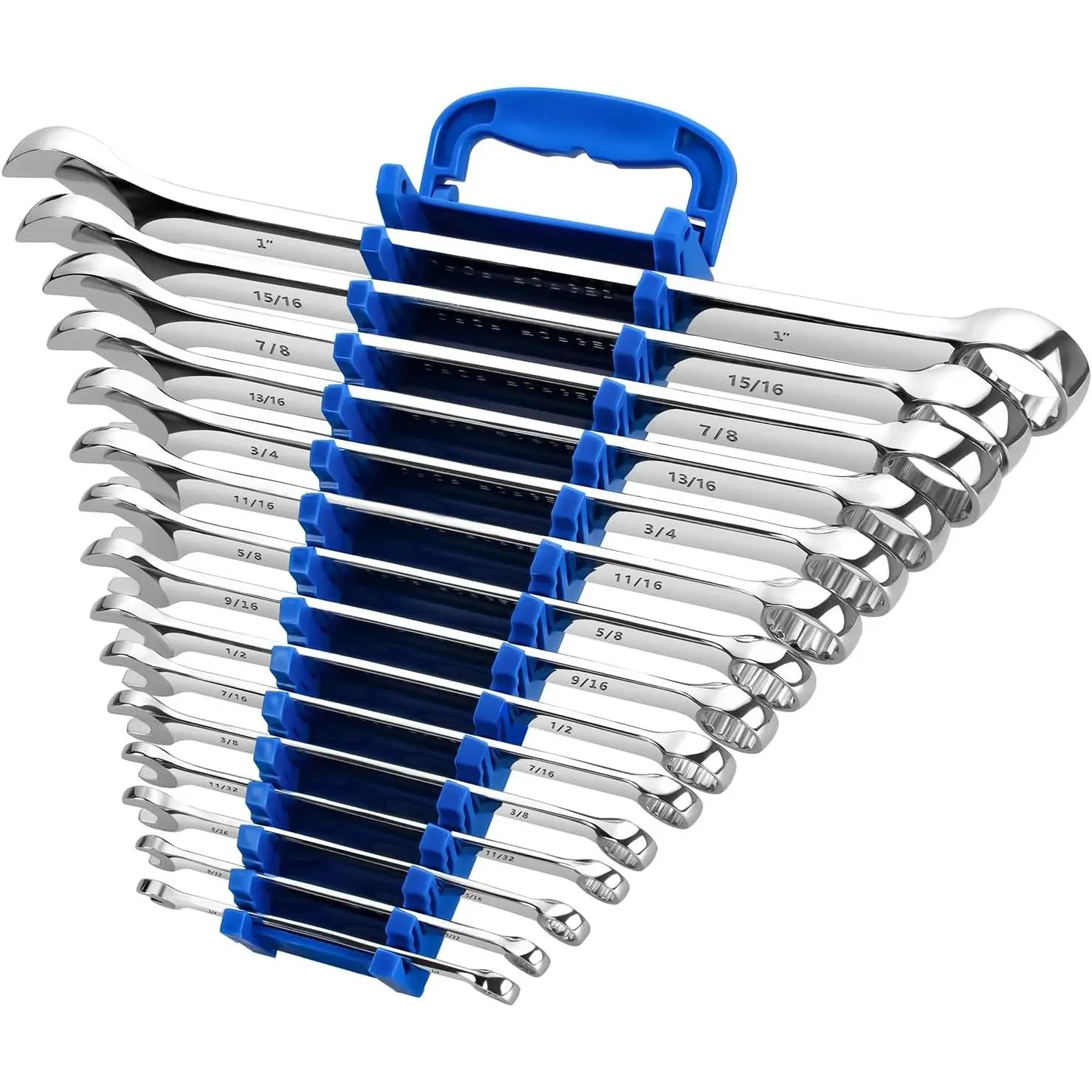 Max Torque Cr-V Steel Combination Wrench Set with Rack Organizer, SAE Standard Inch Sizes 1/4”-1”, Mirror Chrome Finish, Long V-Cut Ends & 12-Point Box End