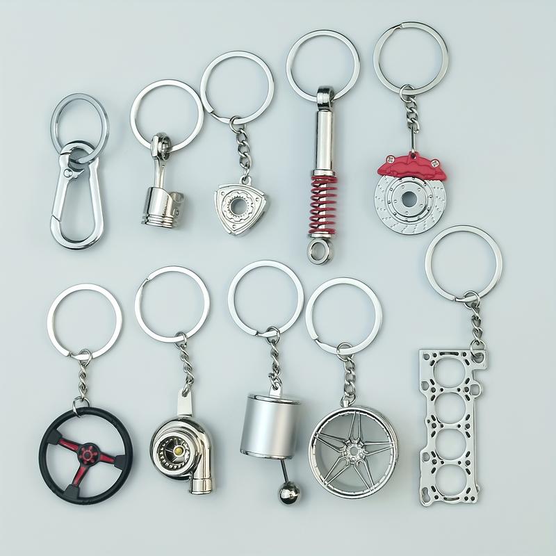 Car Enthusiast Keychain Set 10 Pieces Zinc Alloy Casual Style with Gear Shift Lever Turbo Wheel Hub Shock Absorbers Engine Parts Brake Discs Pistons Perfect Gift for Car Enthusiasts gifts for bestfriend
