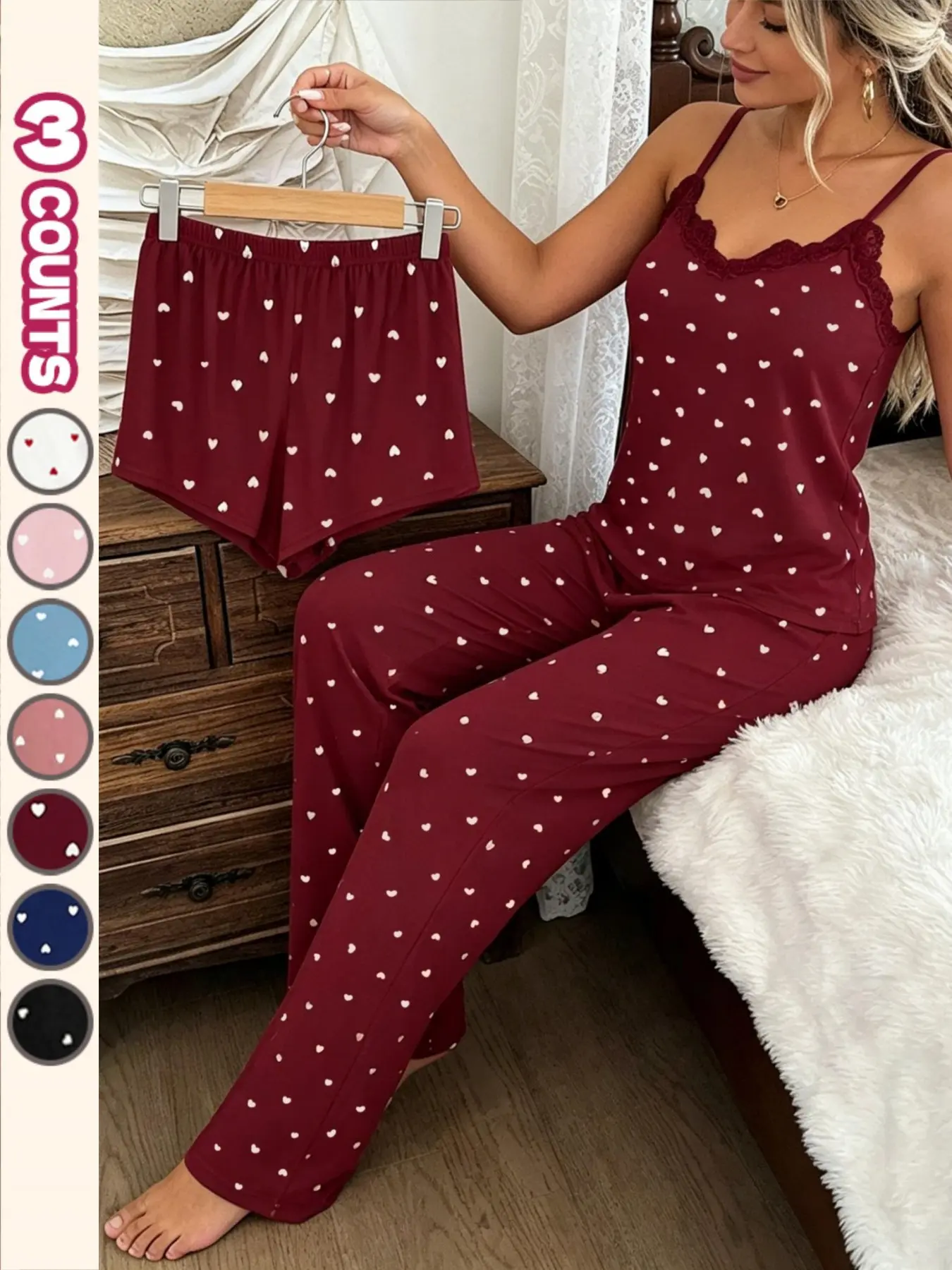 3 Counts Heart Lace Cami Matching Set Pajama Tank Tops Baggy Shorts Pants Comfort Colors Summer OOTD Outfit Summer Vibes Summer Wins Home Workout Loungewear Gift Ideas Dealsforyoudays