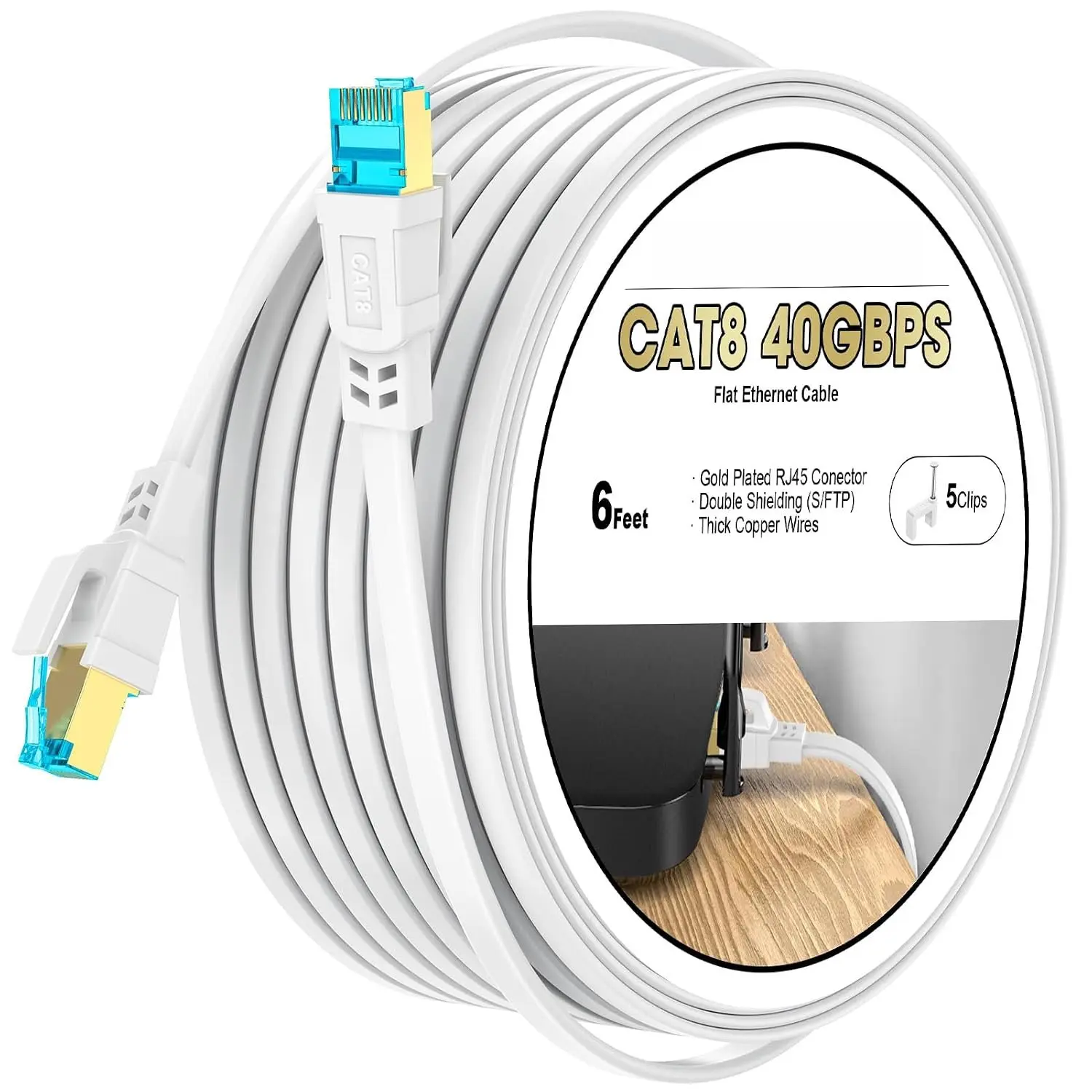 8 Ethernet  6 ft, Shielded Flat RJ45 Network LAN  | Supports 40Gbps 2000MHz, , Weatherproof, Heavy Duty, High Speed, Ideal for Gaming, Router and Modem