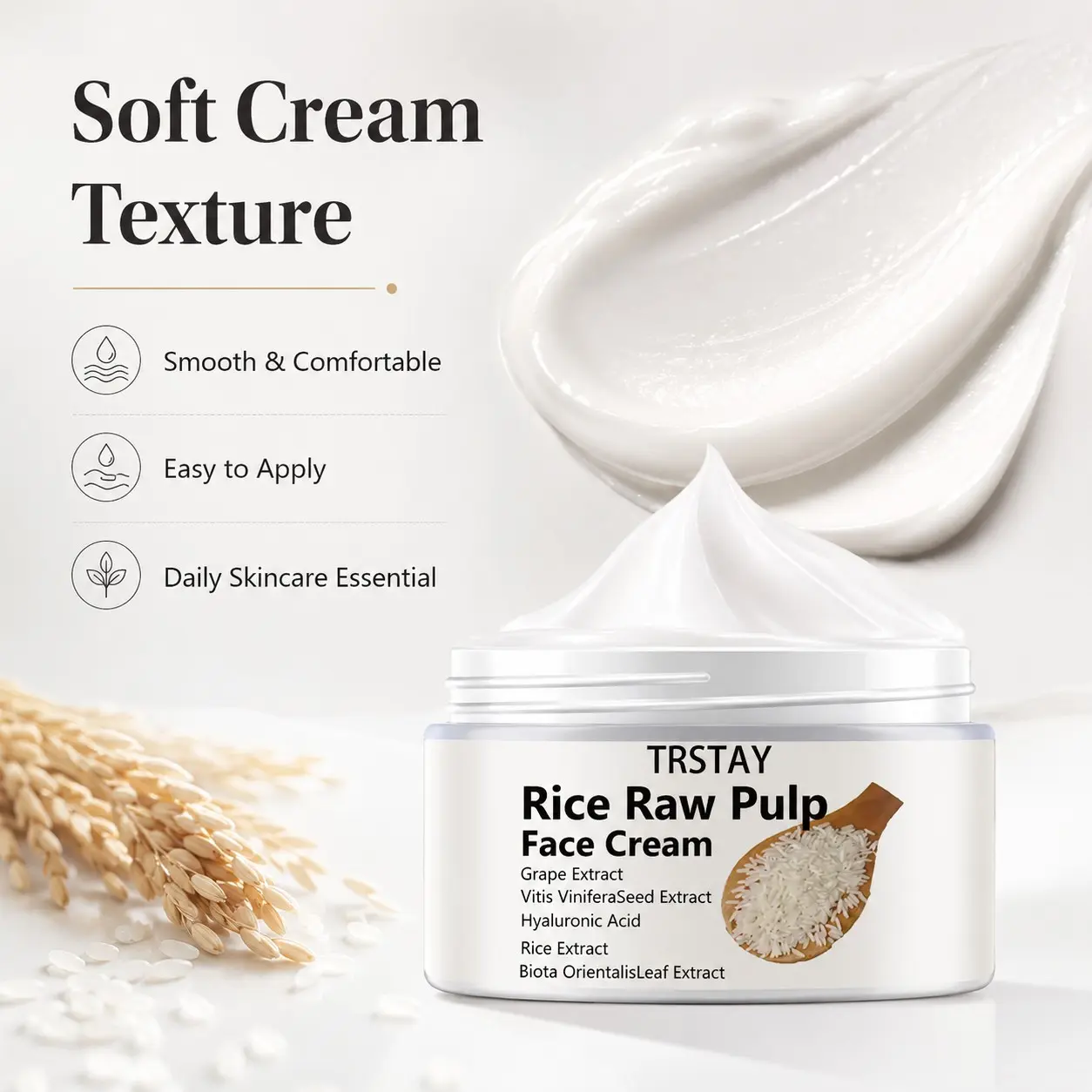 Trstay Rice & Grape Seed Cream, Daily Skin Moisturizer, Contains Rice Extract, Grape Seed Extract, Hyaluronic Acid, Plant Leaf Extract