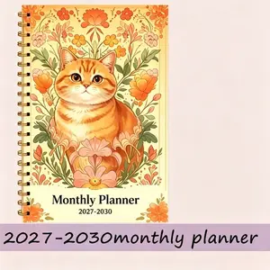 2027-2030 Monthly Planner, Cute Orange Cat and Gradient Pages - A5 Size Notebook, Perfect for Office, Journaling, or Gifts