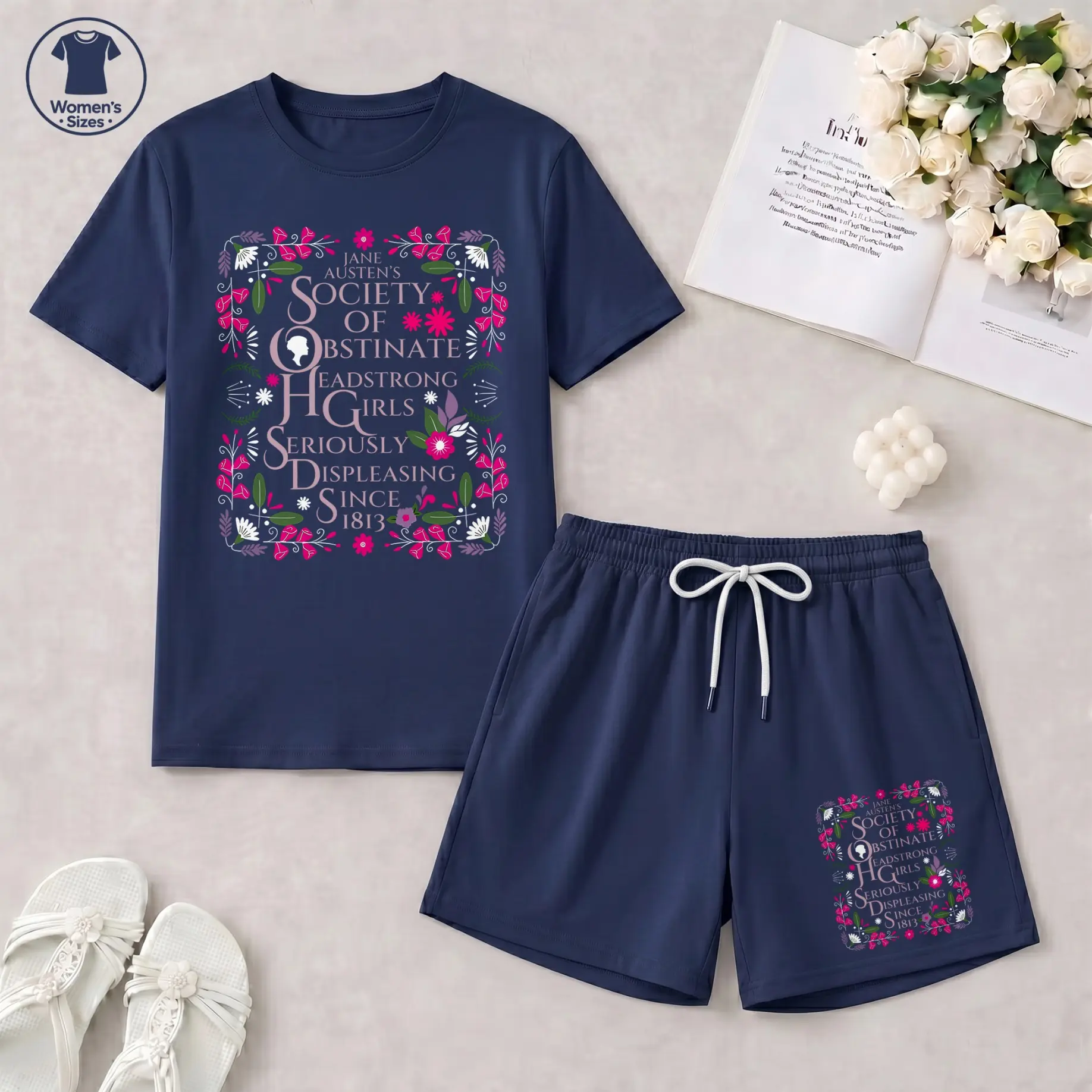Women’s Jane Austen Inspired Bookish Graphic T-Shirt and Shorts Set, Obstinate Headstrong Girls Quote Casual Outfit for Vacation, Shopping and Daily Wear
