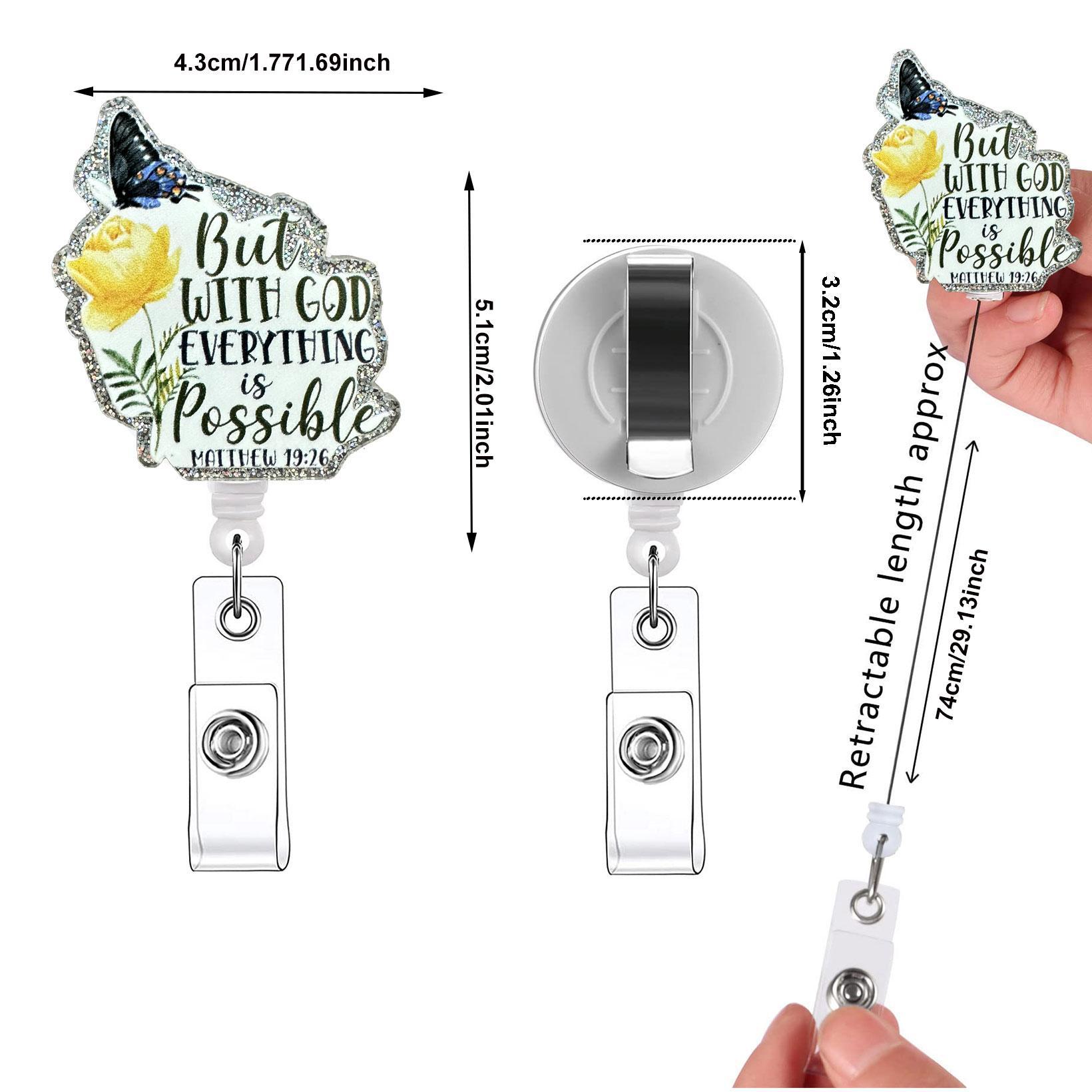 Flower & Butterfly & But With God & Everything is Possible Letter Pattern Retractable Badge Reel, 1 Count Acrylic ID Holder with Clip, Badges Supplies for Nurses Doctors Students Office Staff, Badge Reels Retractable