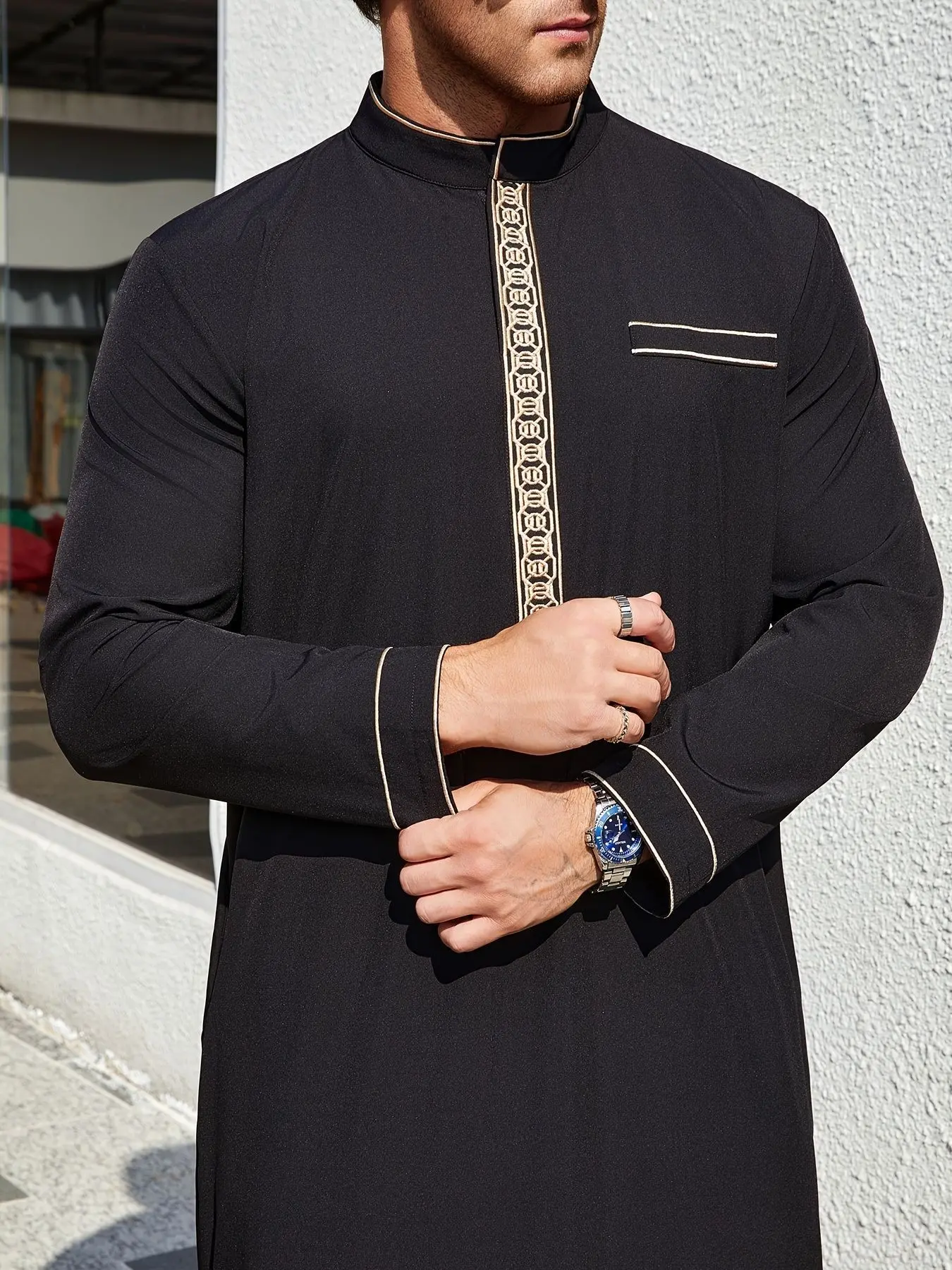 Luxury Embroidered Men's Kandura Robe, Dual Line Sleeve Decor, Loose Fit, Traditional Middle Eastern Long Dress, Daily & Festival Wear