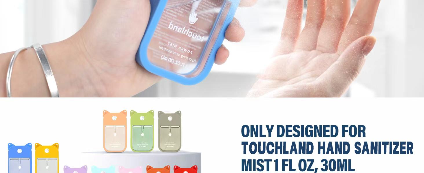 Silicone Case for Touchland Hand Sanitizer Spray 1FL OZ/30ml – Cute Pet Ear Design with Portable Keychain(Orange + Pink + Dark Blue + Purple + Green)