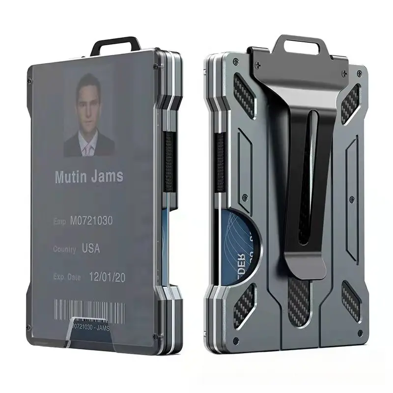 Slim Profile Hard Shell Aluminum Alloy RFID Blocking Wallet with Carbon Fiber Accents, EDC Cash Clip, Card Holder & Carabiner for Camping, Hiking, Daily EDC Use