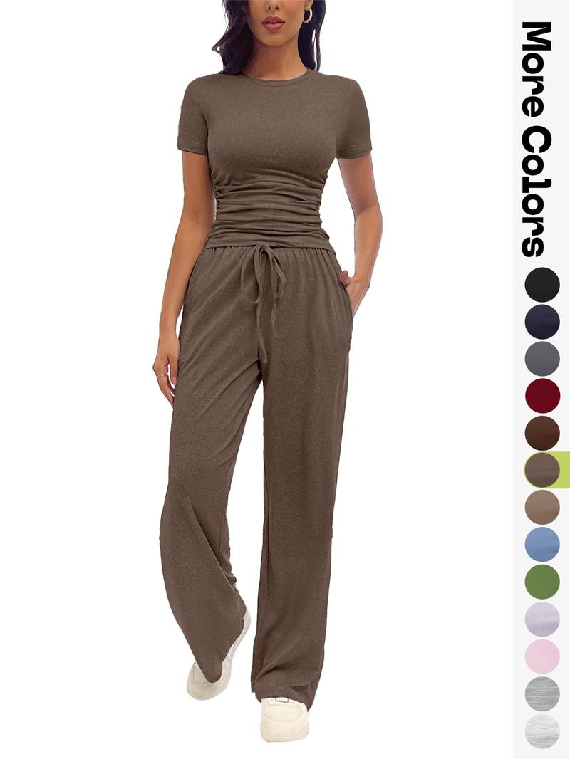 Women's Solid Round Neck Tee & Pants Loungewear Two/Six-Piece Set, Casual Pyjama Set for Women, Comfy Loungewear Set for Daily Home Wear