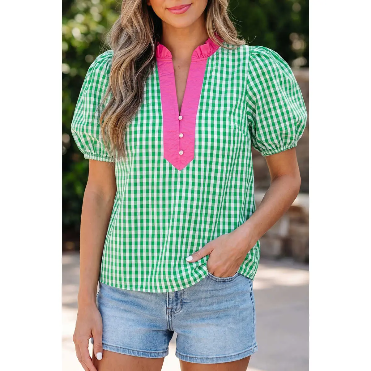 Women's Green Gingham Plaid Blouse - Puffy Bubble Sleeves, Ruffled Colorblock Trim, Feminine V-Neck, Breathable Fabric, Shortsleeve