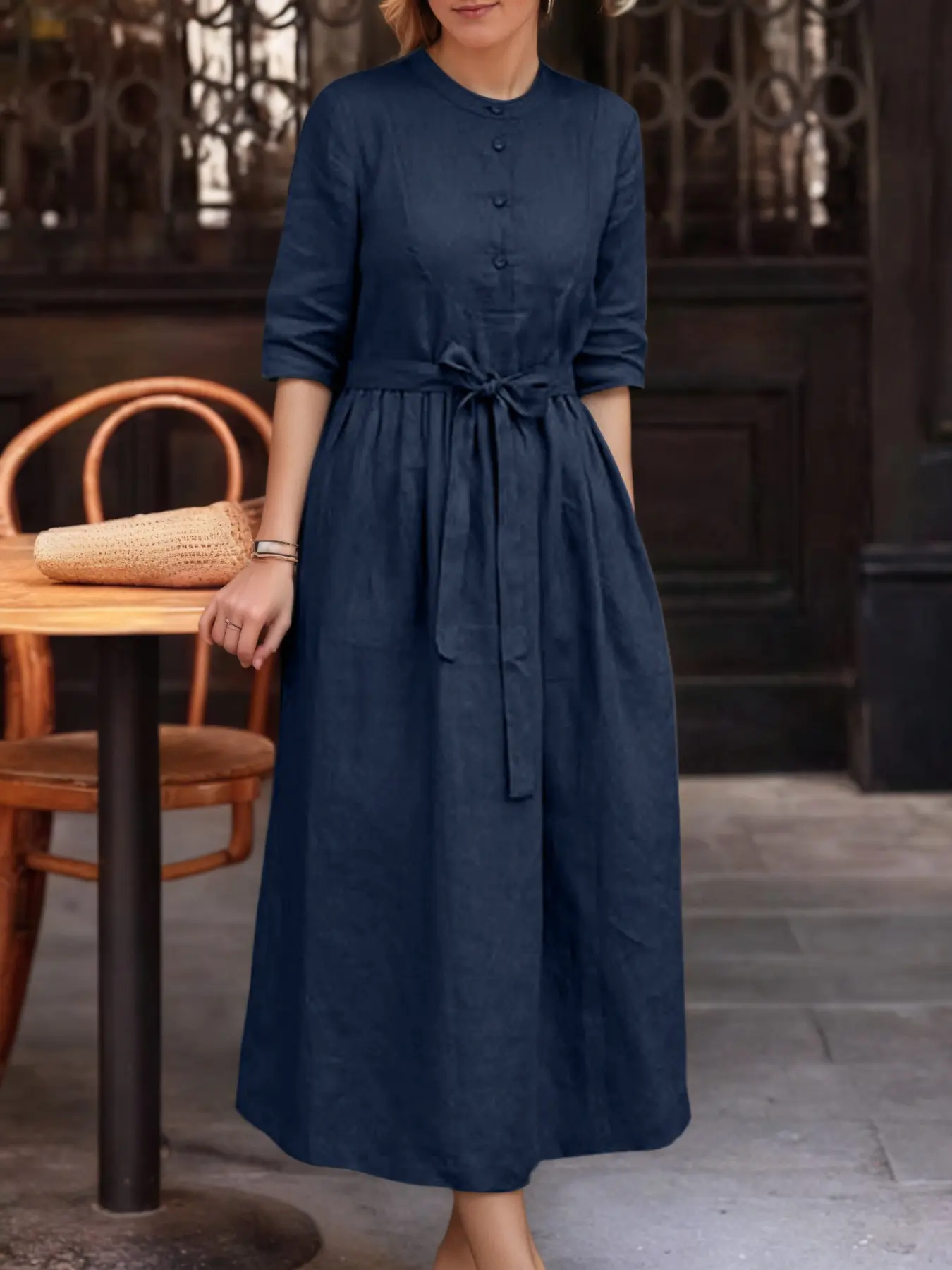ZANZEA Women's Round Neck Half Sleeve Dress, Belt Pocket Design, Casual Style Long Dress, Everyday, Solid Color, Slim-Fitting, Unlined, Belted Lounge Dress