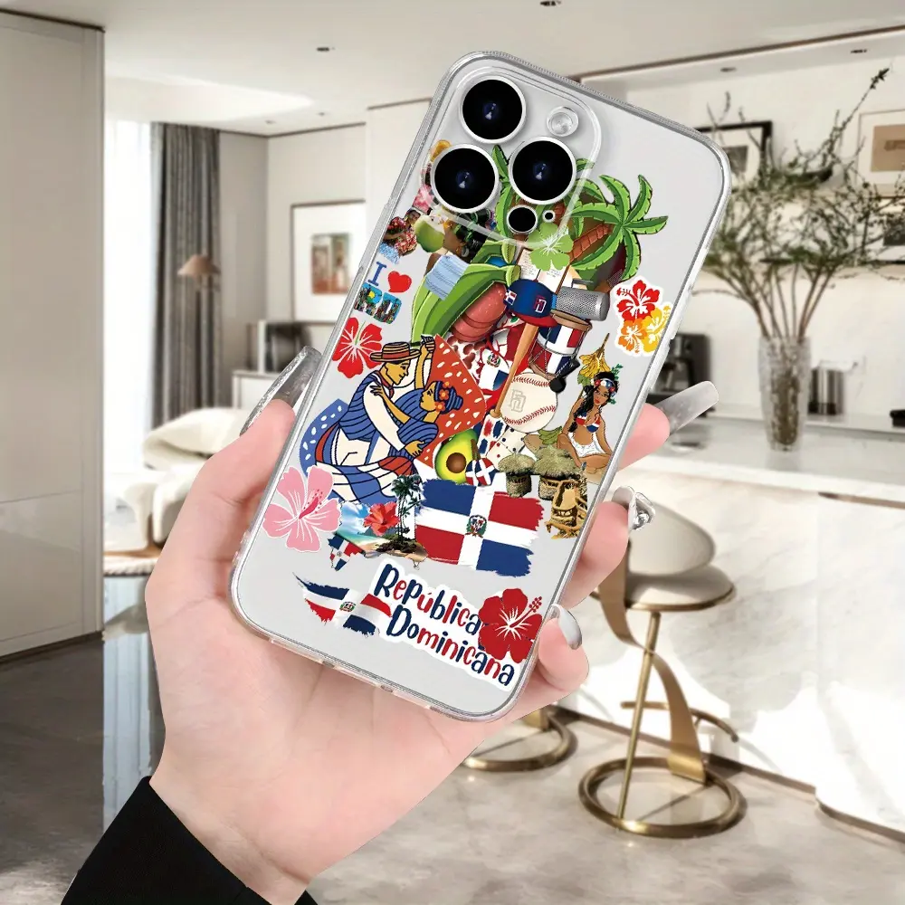 Transparent TPU Soft Cover Phone Case for iPhone Series (16,15,14,13,12,11,XS,XR,X,7,8 Plus,Pro Max) - Multi-Model Mobile Phone Accessories, UV-Printed Dominican Flag Humanistic Scenery, Shockproof, Spring-Summer Fashion Style