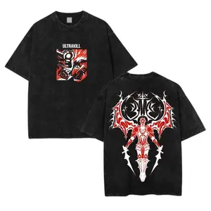 Streetwear Vintage Washed ULTRAKILL Short Sleeve Shirt Tiny ULTRAKILL Game Box Chest Logo Symmetric Twin Sword Armored Mecha Devil Gothic Spike Graphic Back Tee