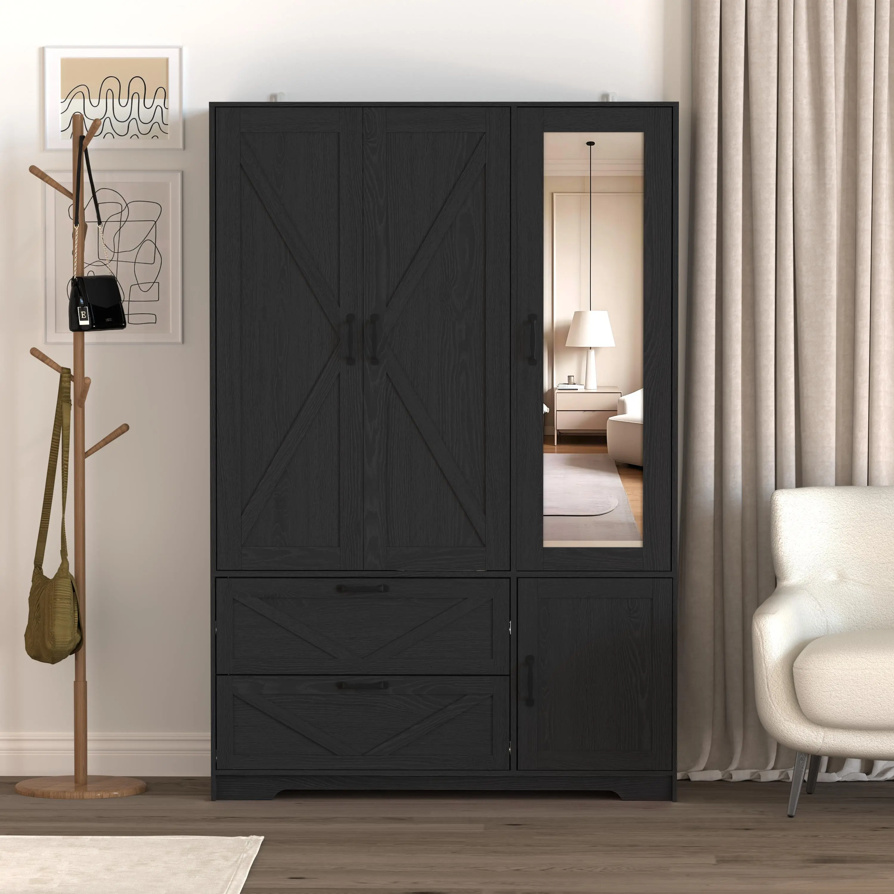 4-Door Wooden Wardrobe Closet with Full-Length Mirror, LED Lights, Hanging Rod, Adjustable Shelves and 2 Drawers, Black Freestanding Armoire for Bedroom, Hallway or Living Room