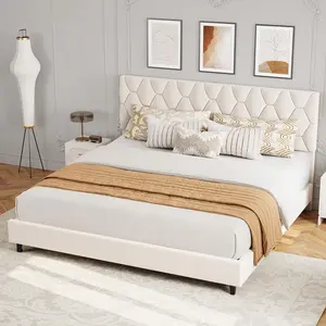 Grey and Beige Modern Upholstered Platform Bed Frame with Soft Padded Headboard, Heavy Duty Sturdy Wooden Support Slats, Silent Noise-Free Frame, No Box Spring Required, Fast Simple Assembly, Twin & Full Two Sizes Bedroom Furniture