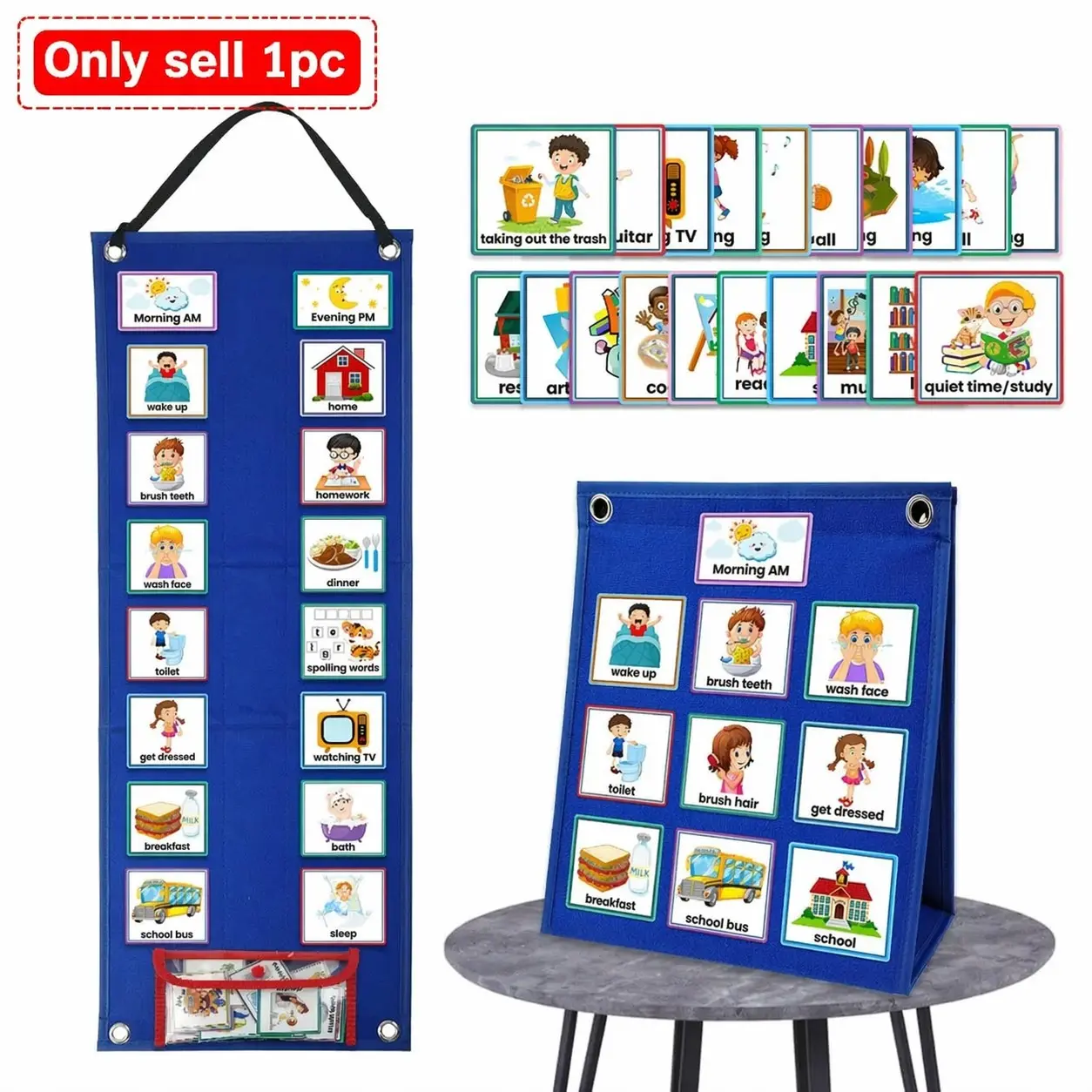 Visual Schedule Chart for Kids Daily Routine Card, 1 Set Affairs Pattern English Card, Parent-Child Interactive Game Props with Display & Bag, Visual Learning Tools