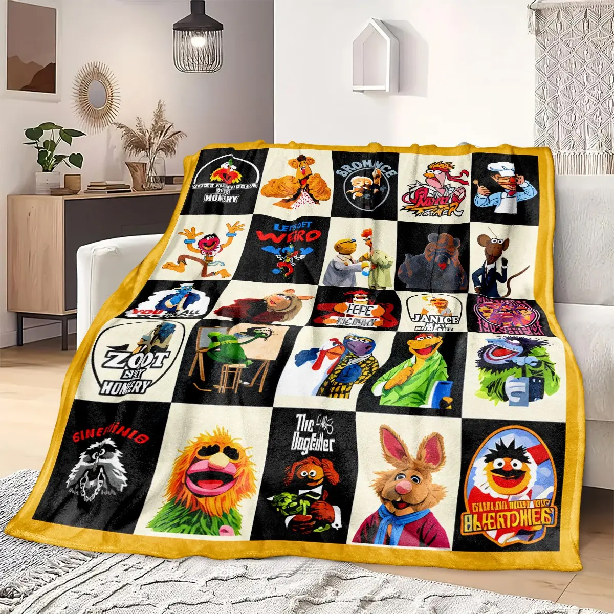 1pc The Muppets Character Collage Themed Fleece Soft Cozy Blanket, Retro Cartoon Grid Print, Fun Nostalgic Style. Soft Warm Multi-use Throw for Sofa, Bed, Office, Camping, Ideal for Christmas Gifts.