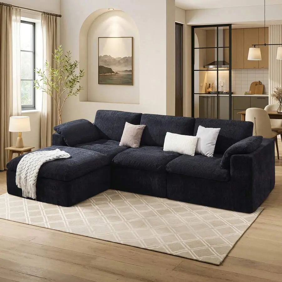 130" Oversized Cloud Couch Sectional, Modular Chenille Sofa With 83.5" Deep Chaise, No-Assembly Design, Luxurious And Cozy Seating Living Room, Black