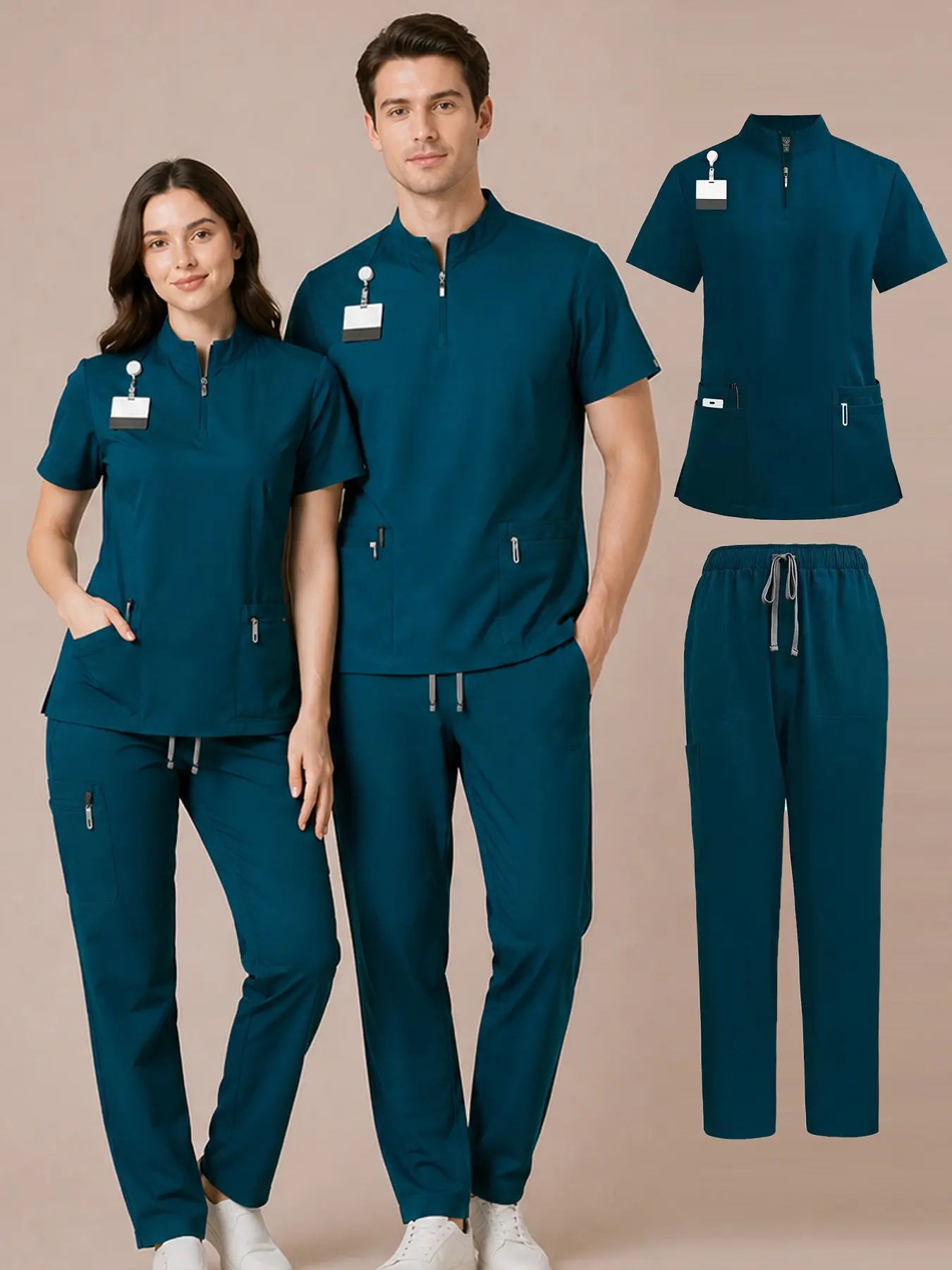 Ladies Healthcare Scrub Set with Multi-Pockets, Breathable Quick-Dry Wrinkle-Resistant Comfy Fabric, Short Sleeve Casual Loose-Fitting Design for Home, Clinic and Hospital