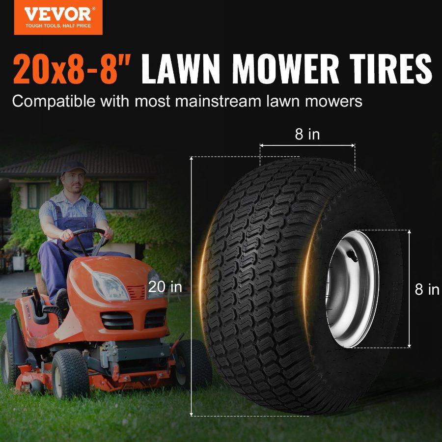 VEVOR Lawn Mower Tires with Rim, 20x8-8 Tubeless Tractor Tires, 2-Pack Tire and Wheel Assembly, S-Turf Pneumatic Tires with 3.5 Offset Hub and 3/4 Bushing Size, for Riding Mowers Lawn Tractors