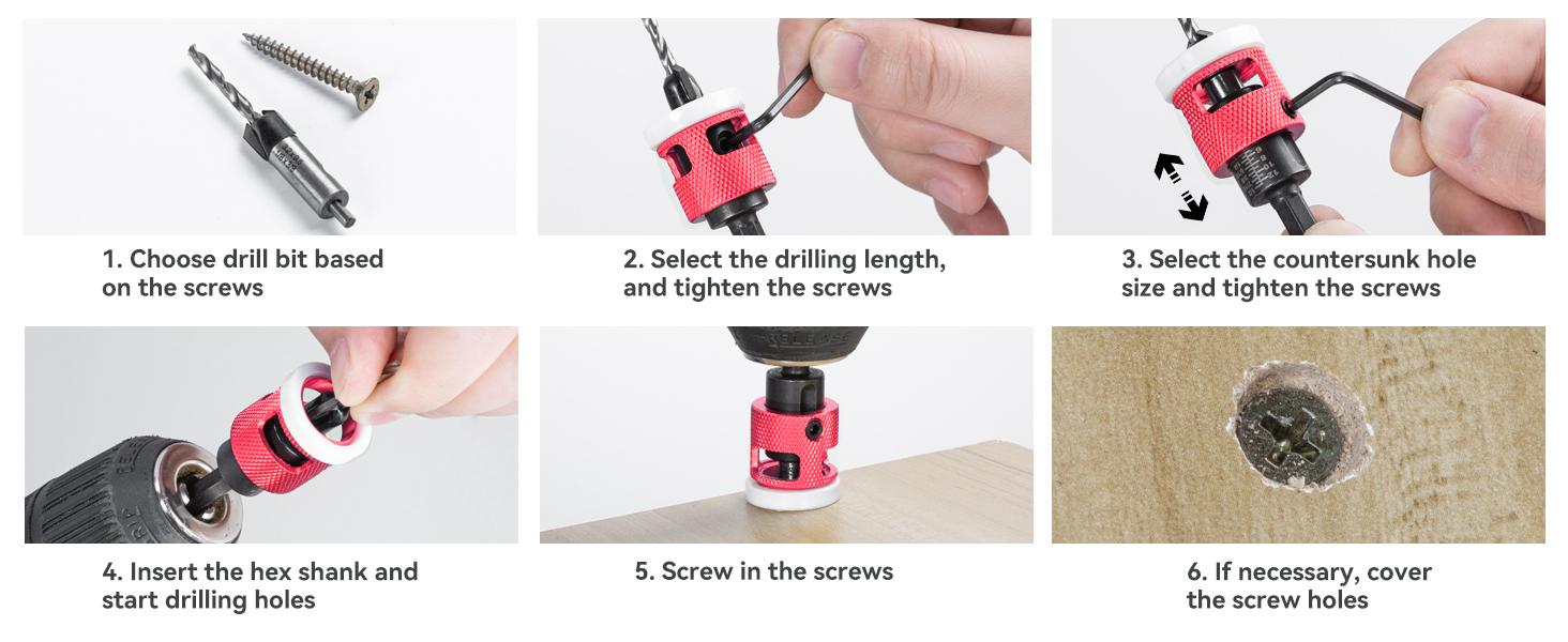 5 Pcs HSS M2 Countersink Drill Bit Set with Low Friction Depth Stop, Tapered Head 1/8" 9/64" 5/32" Drill + 3/8" 82° Counter-Bore, 11/64" 3/16" Drill + 1/2" 82° Counter Bore, 1/4" Hex Shank (Red)