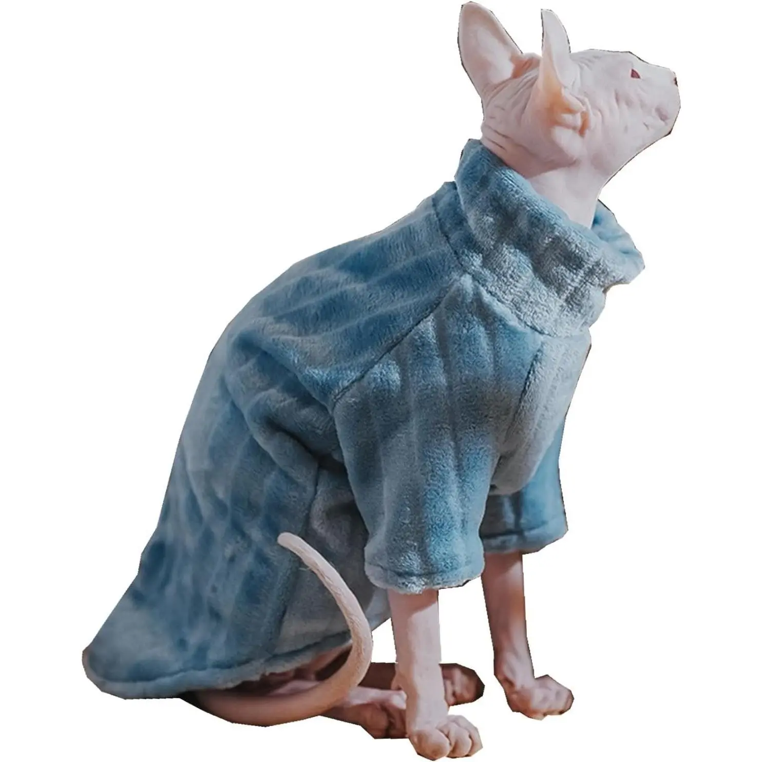 Sphynx Cat Turtleneck Sweater - Thick Fleece Soft Coral Full Sleeve Tops, Winter Warm Coat for Hairless Cats & Small Dogs, Blue Size L (7-8.5 lbs)