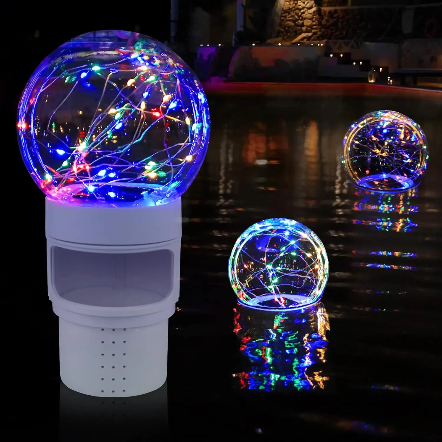 Colorful Solar Ball Lights Pool Chlorine Floater - Floating Dispenser for 4x3” Chlorine Tablets, Easy Opening Holder, Anti-Sinking Spa Chemical Dispenser