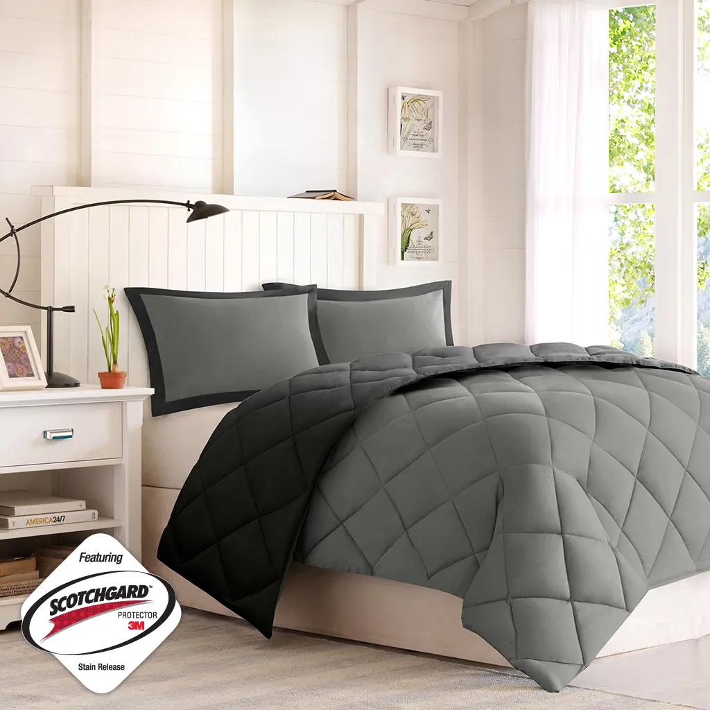 Nokaa 3M Scotchgard Diamond Quilting Reversible Down Alternative Comforter Set – Hypoallergenic, Antimicrobial, Polyester, Black+Grey, Includes Comforter & Shams, Machine Washable, OEKO-TEX Certified, Twin/Full/Queen/King Options