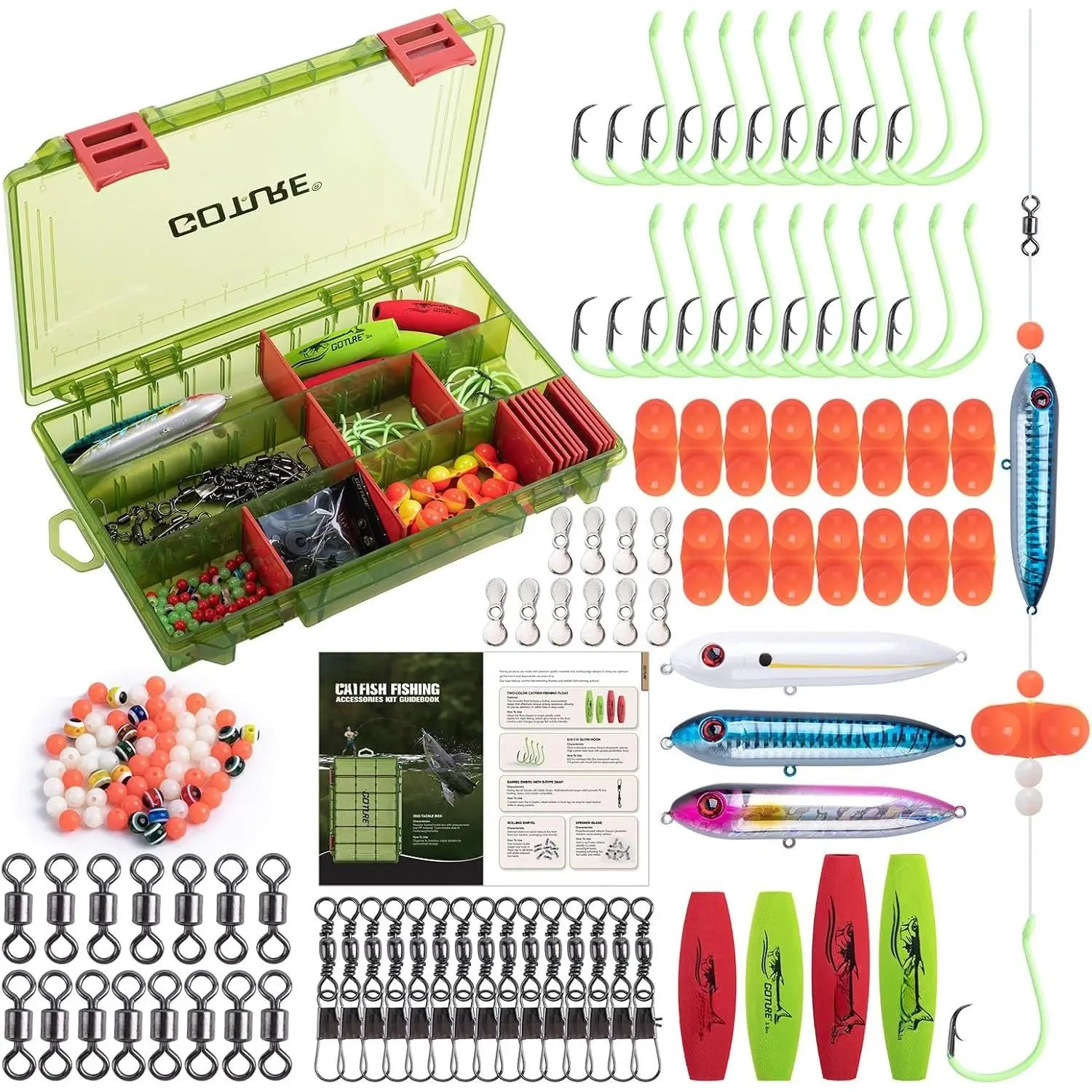 Catfish  Making Kit,274pcs/300pcs Catfishing Tackle with Luminous Fishing Hook Swivel Sinker Weights Rattle Float Bobber Stoppers,Catfish Rigs Accessories with 3600 Tackle Box,Gifts for Men