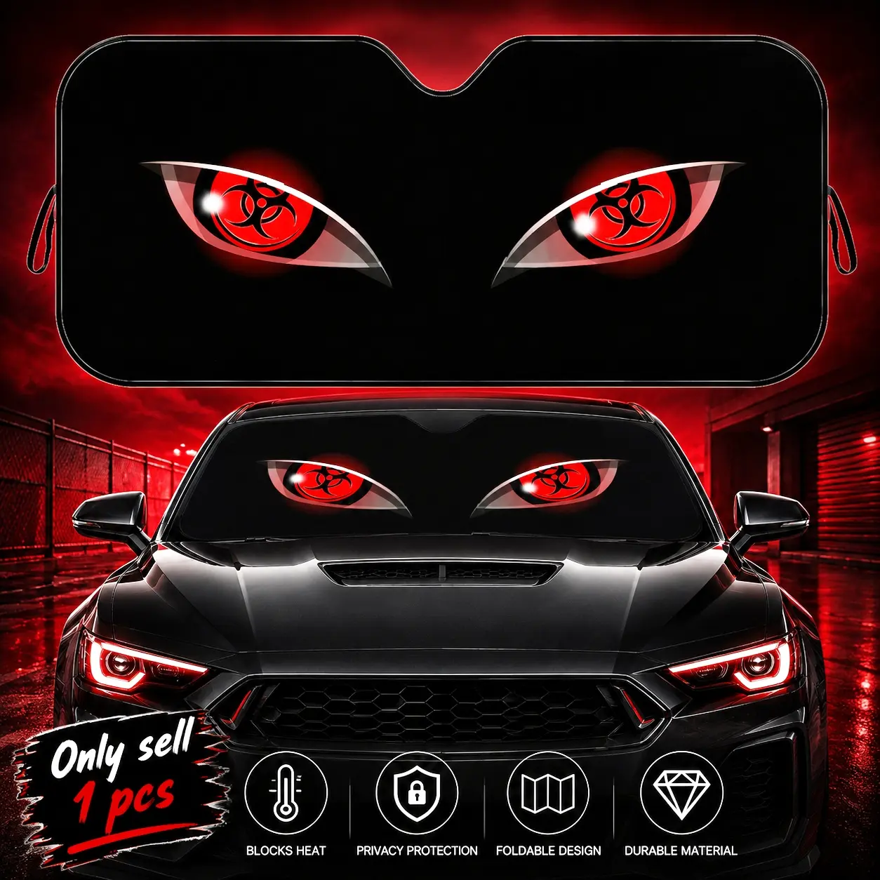 cool Dangerous Red Biohazard Anime Stare Sun Visor Car Windshield Sun Shade UV Block Heat Insulation Reflective Cover Keeps Interior Cool Protects Dashboard Foldable Easy Storage Universal Fit for Car SUV Truck Summer Must-Have